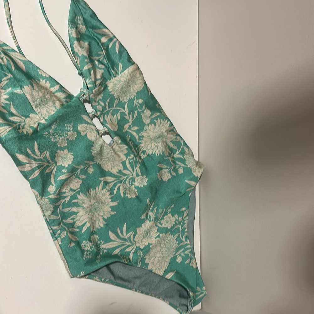 Floral one piece swimsuit with strappy back - sea green/blue with ivory design